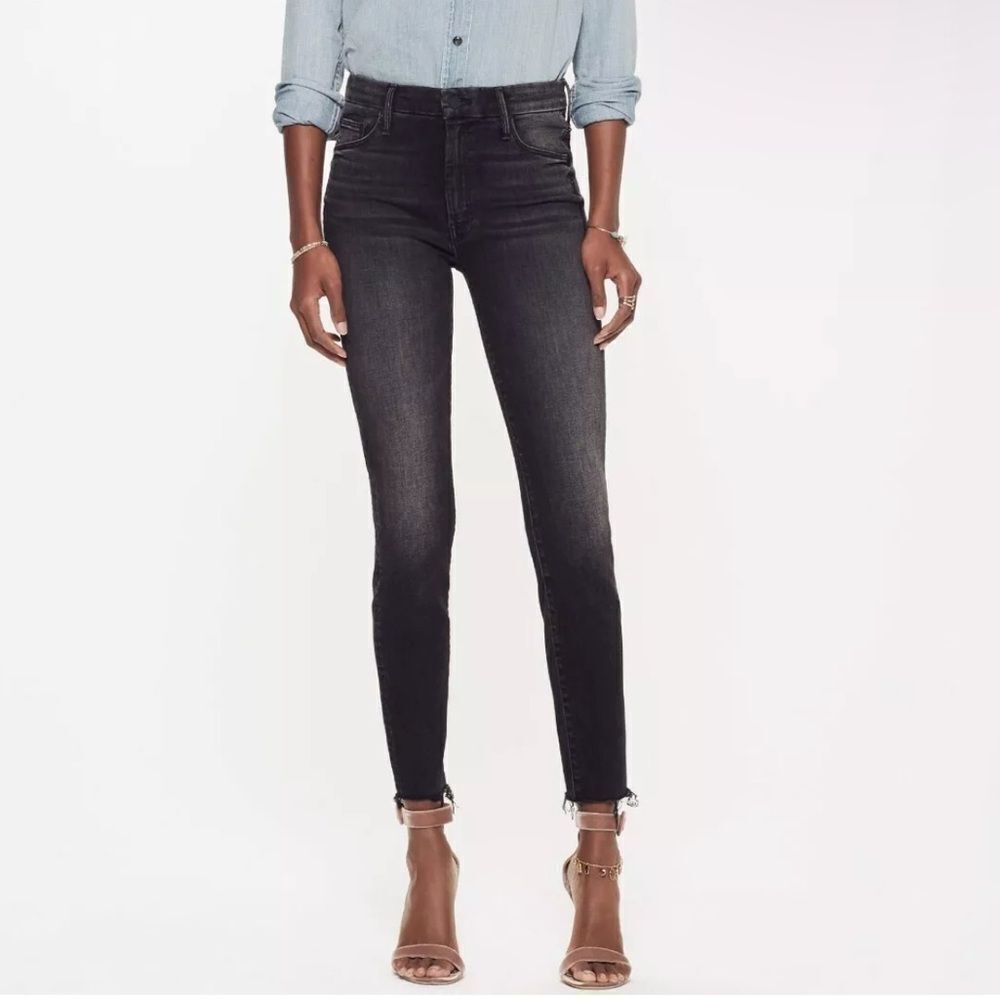 Mother Looker Ankle Fray Jeans Womens Black Skinny Raw Hem 25